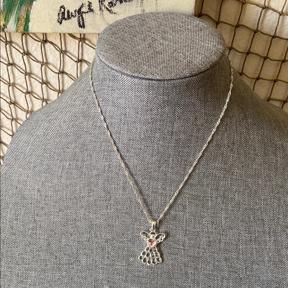 Vintage 80s AVON Silver Toned Angel Pendant Necklace
